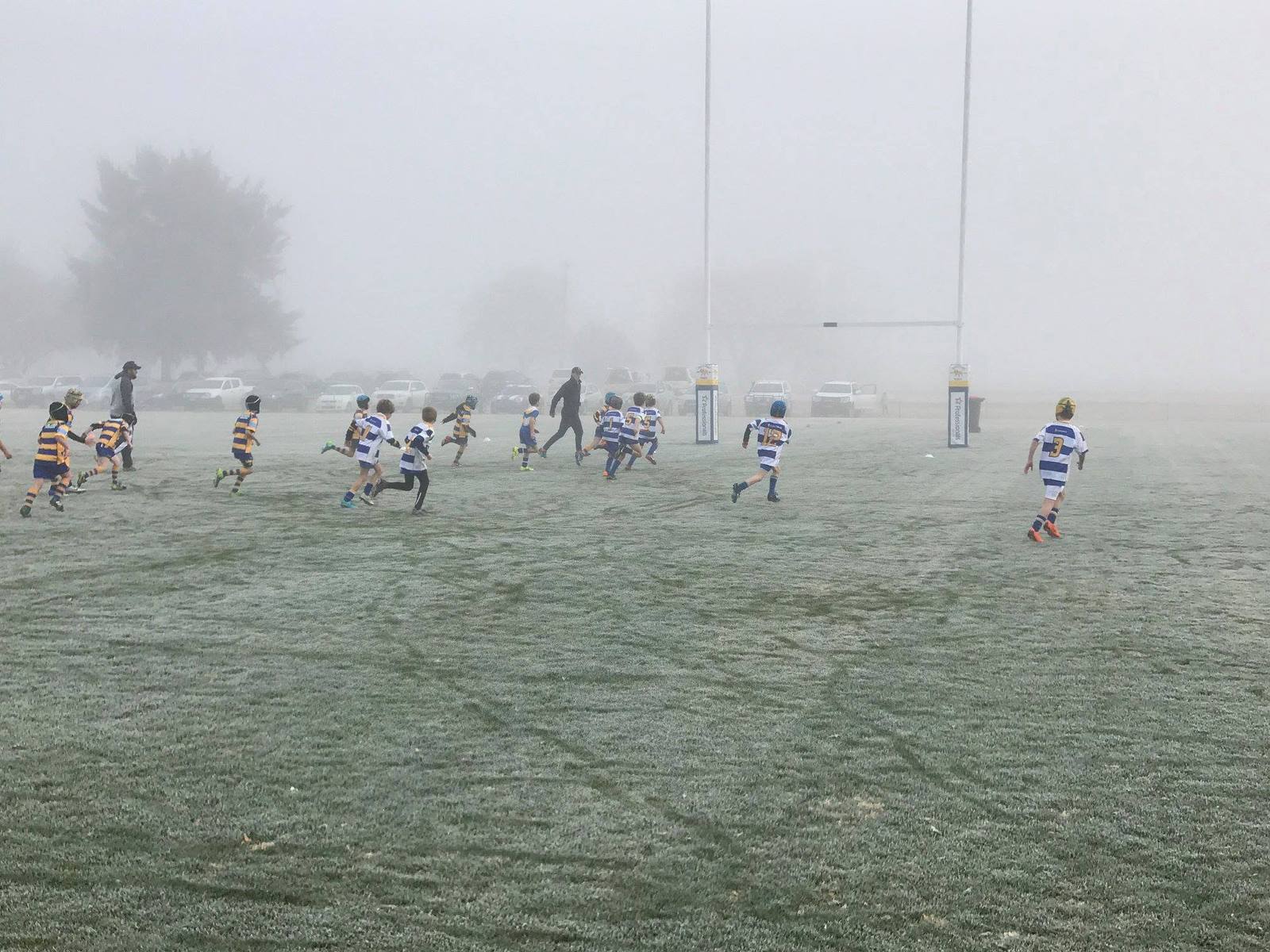 Lane Cove Minis playing rugby on a frosty, foggy Bathurst field in 2018
